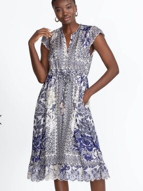 Johnny Was 100% Silk Filo Lucy MIDI Dress Size L Like new Condition